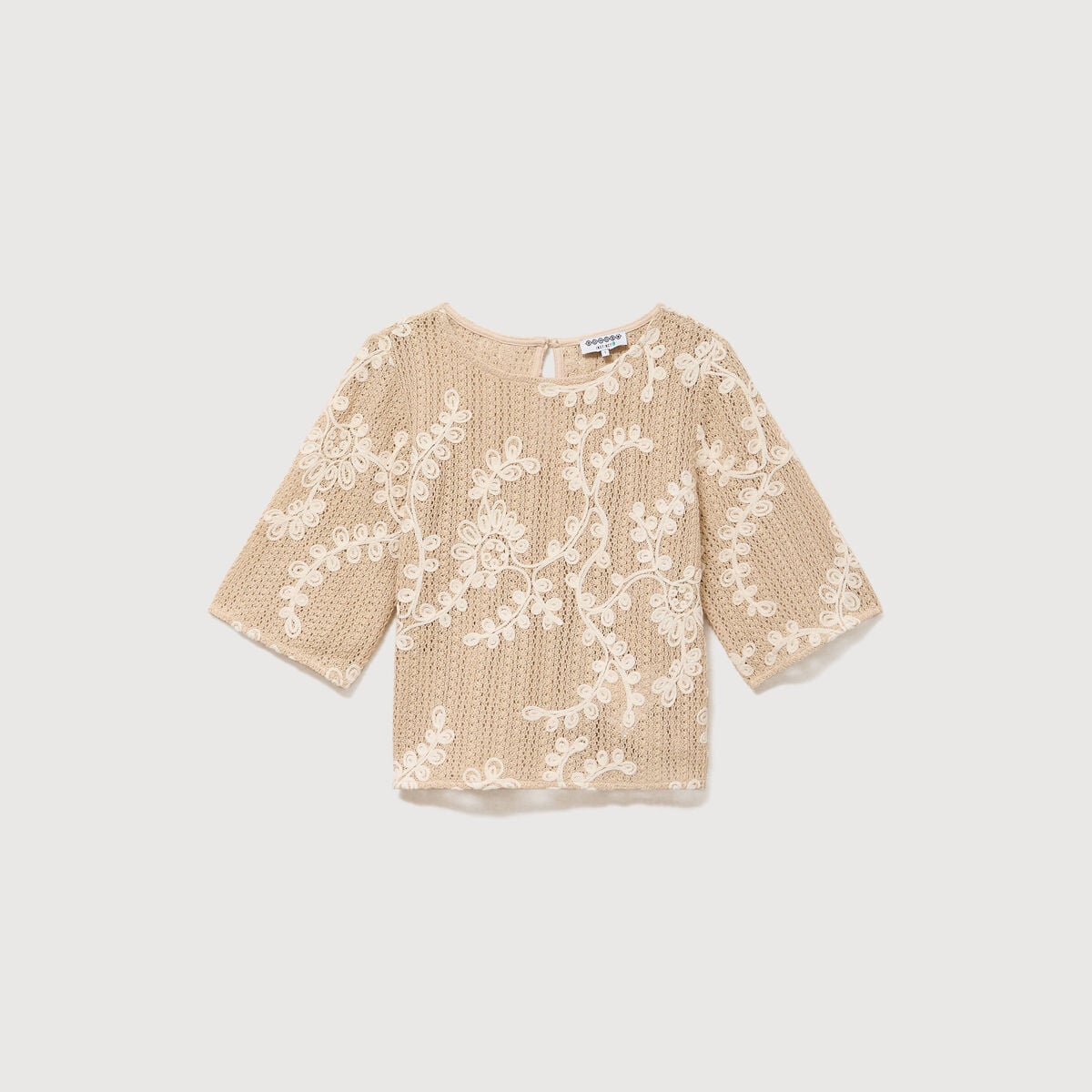 T-shirt brod&eacute; col rond manches 3/4 beige femme