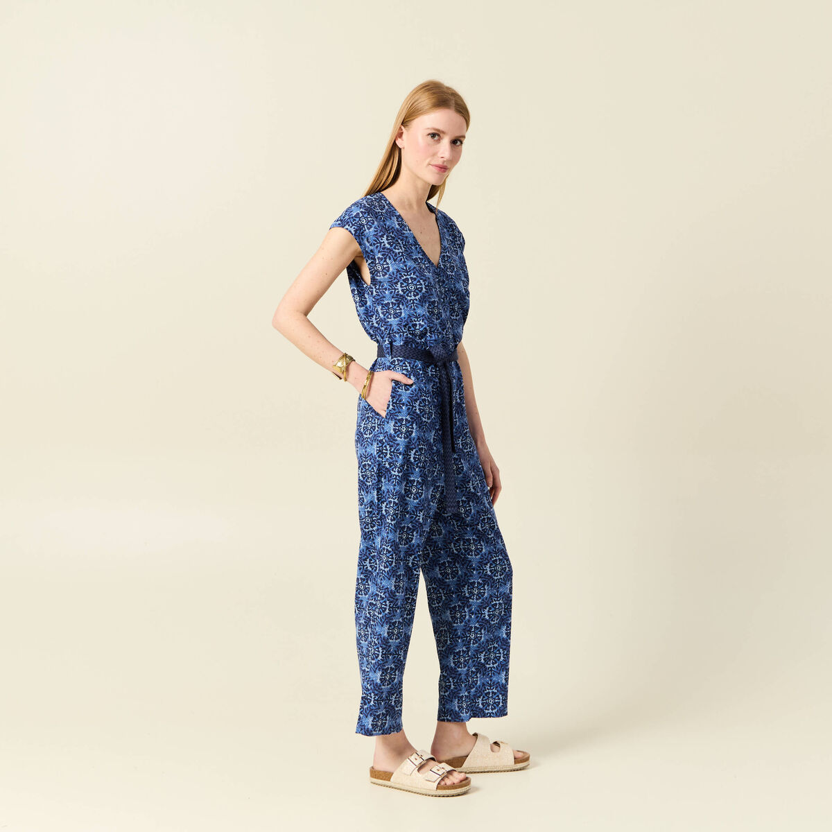 Combinaison salopette manches courtes bleu femme