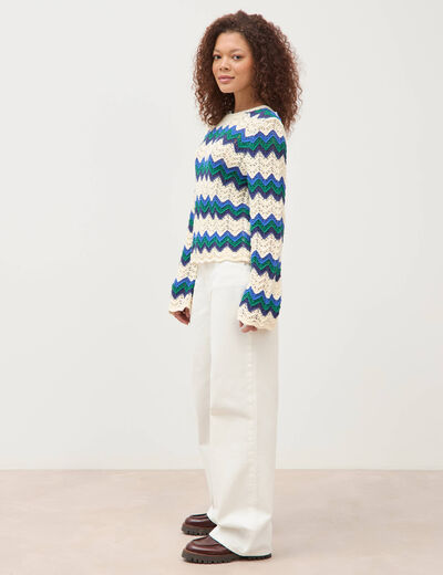 Pull ajour&eacute; coton manches longues ecru femme