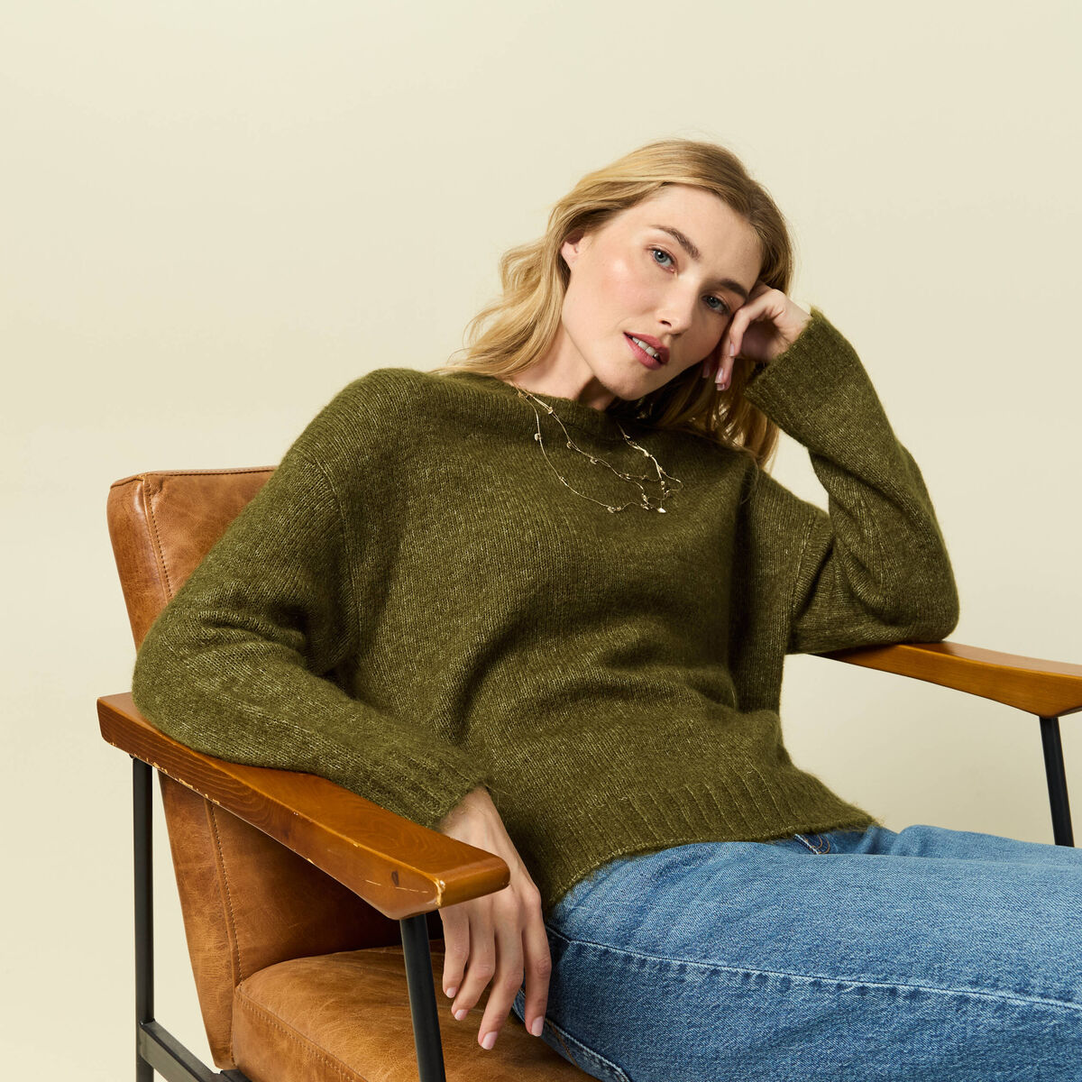 Pull col rond manches longues vert kaki femme