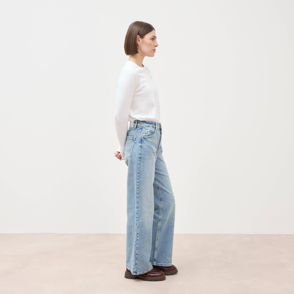 Jeans large taille haute denim baby bleu femme