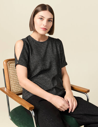 T-shirt manches courtes brillant noir femme