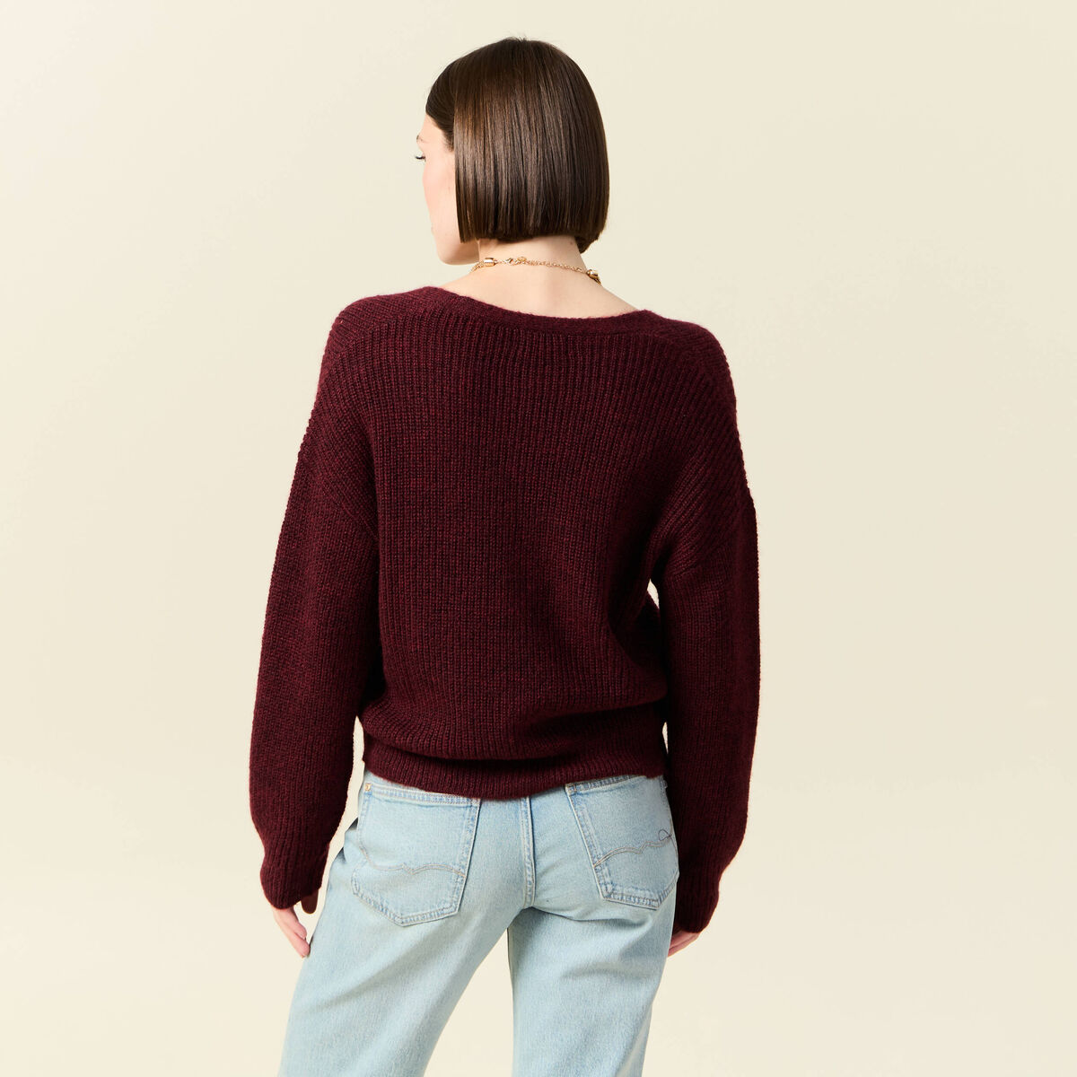 Gilet ajour&eacute; col V manches longues bordeaux femme