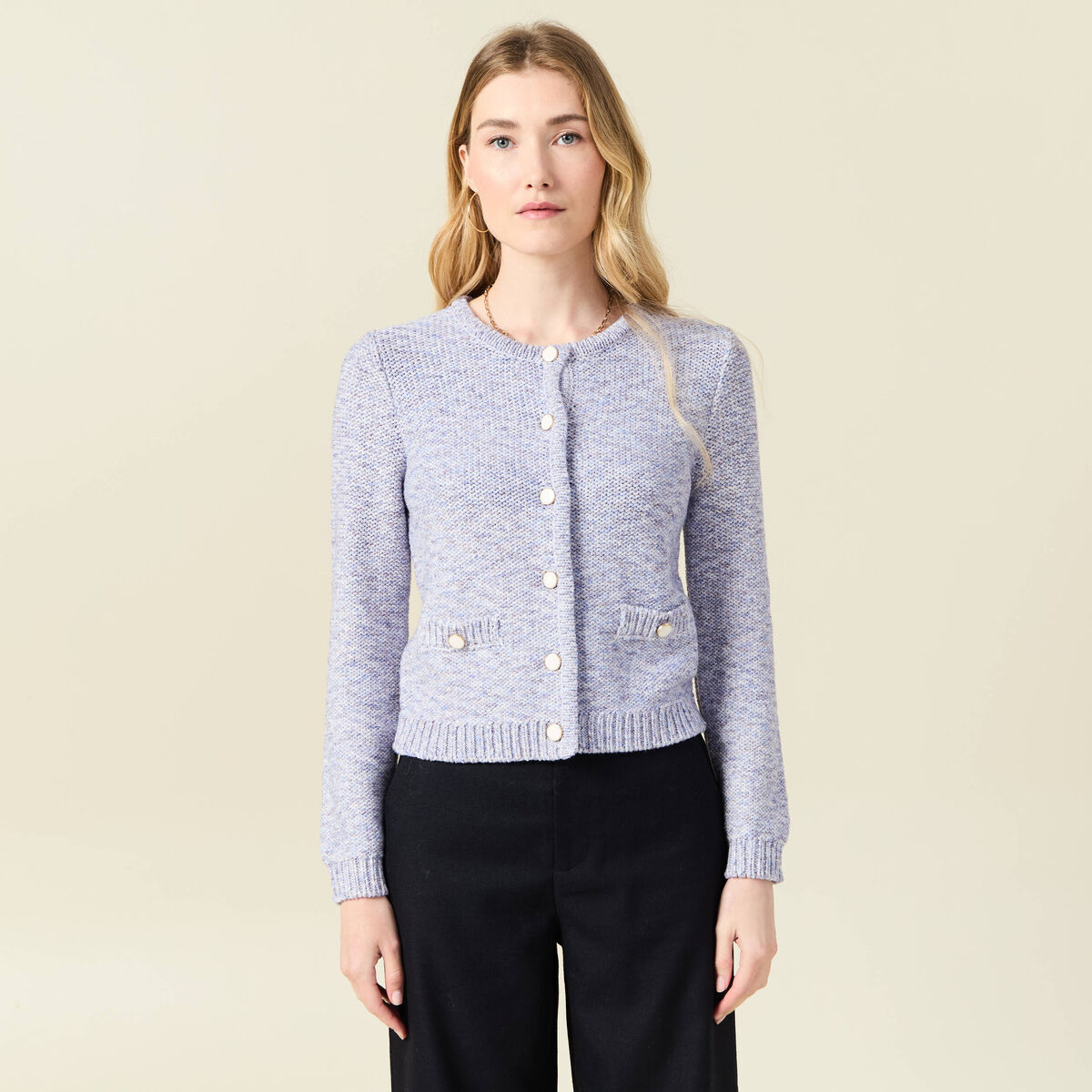 Gilet manches longues col rond bleu marine femme