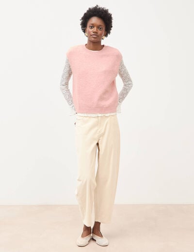 Pantalon taille haute velours resserr&eacute; ivoire femme
