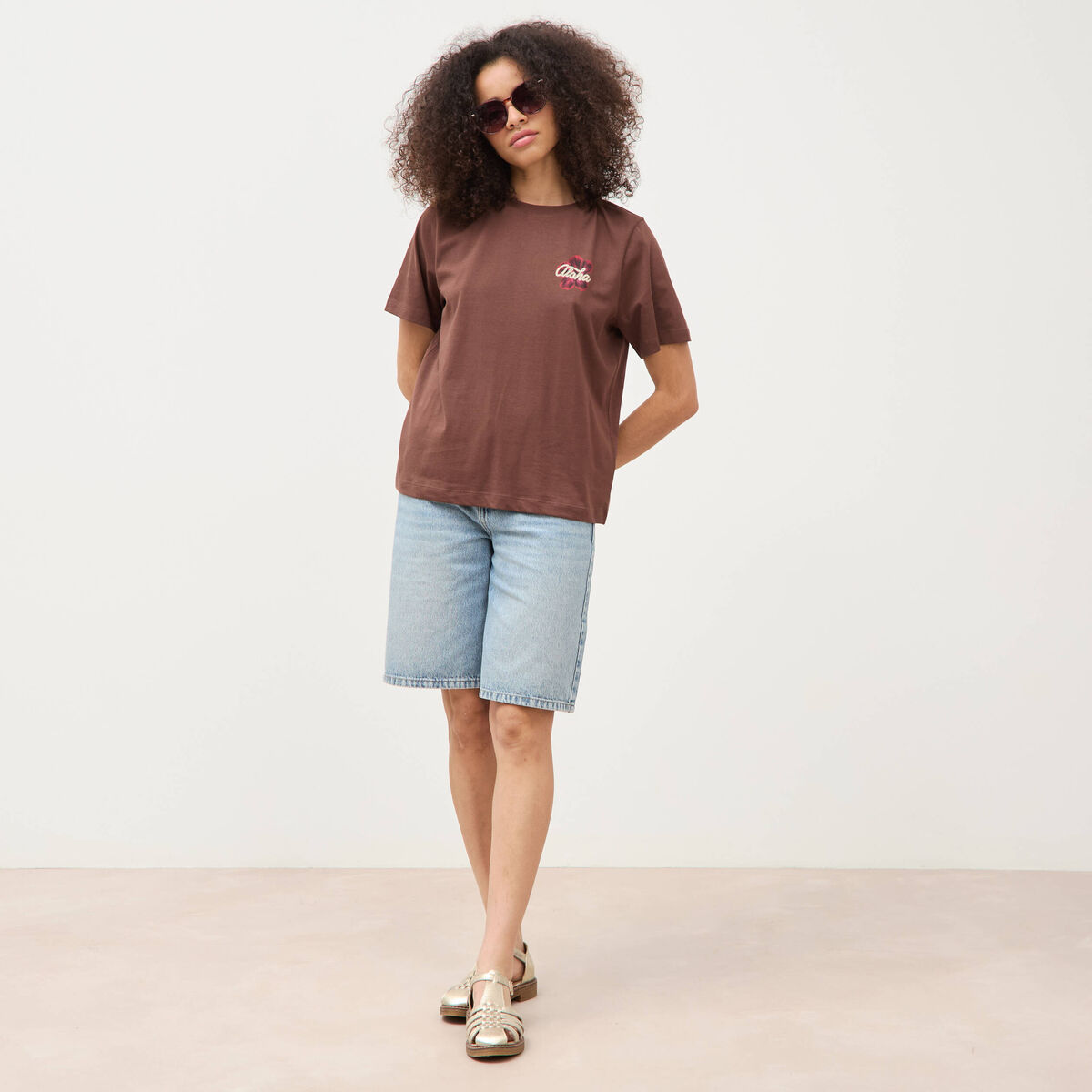T-shirt droit en coton manches courtes marron cognac femme