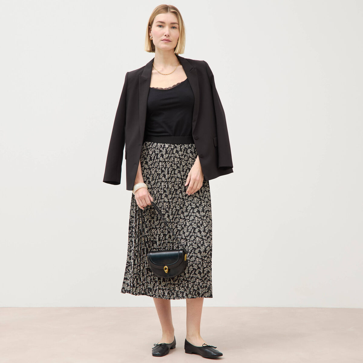 Jupe longue droite pliss&eacute;e noir femme