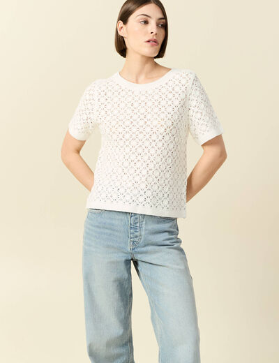 T-shirt ajour&eacute; col rond manches courtes ecru femme