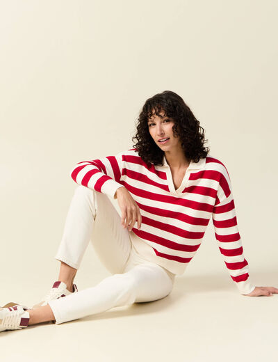 Pull manches longues col polo ecru femme