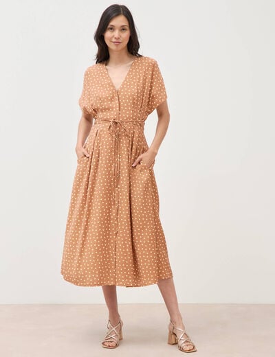 Robe fluide col v manches courtes marron clair femme