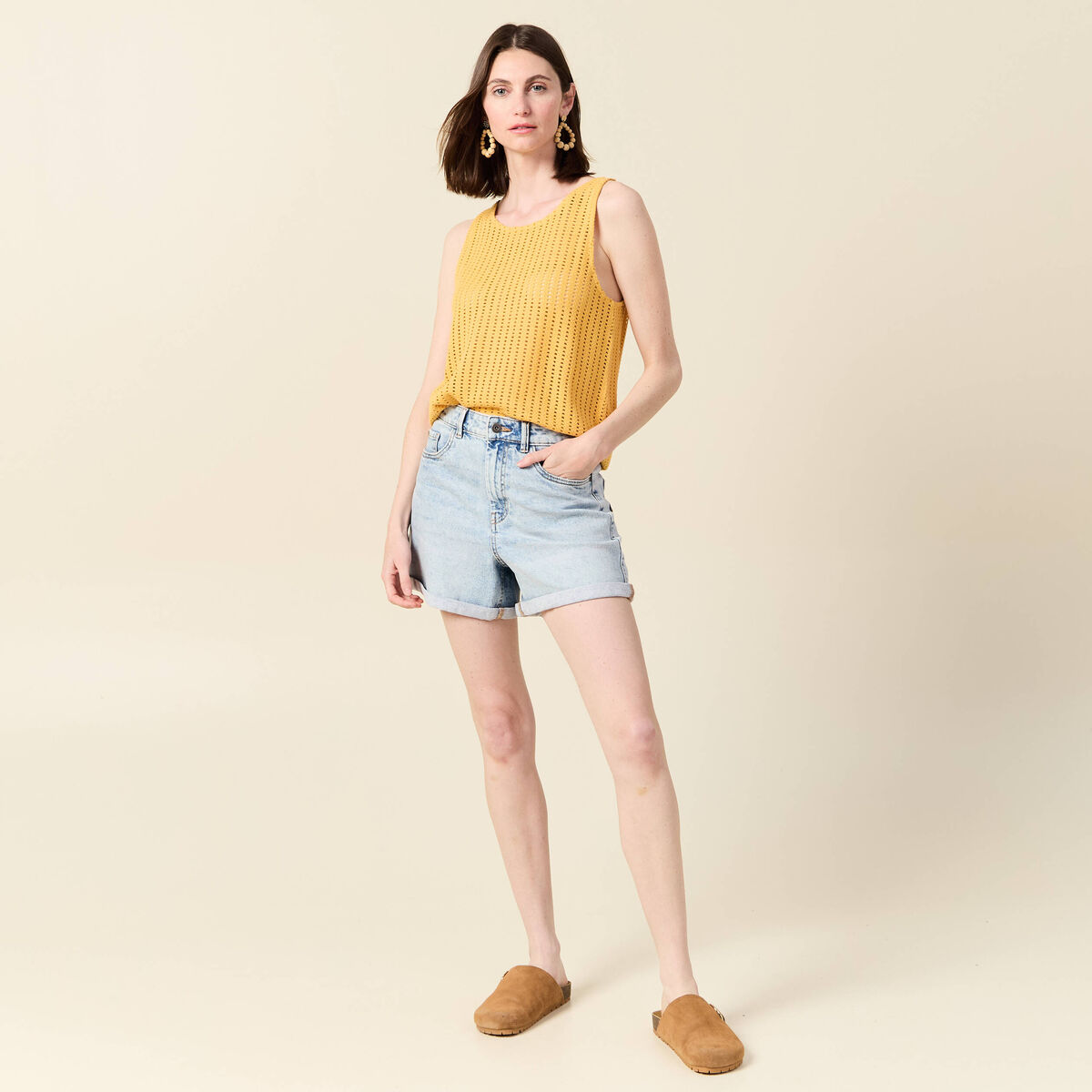 Débardeur sans manches ajouré jaune femme
