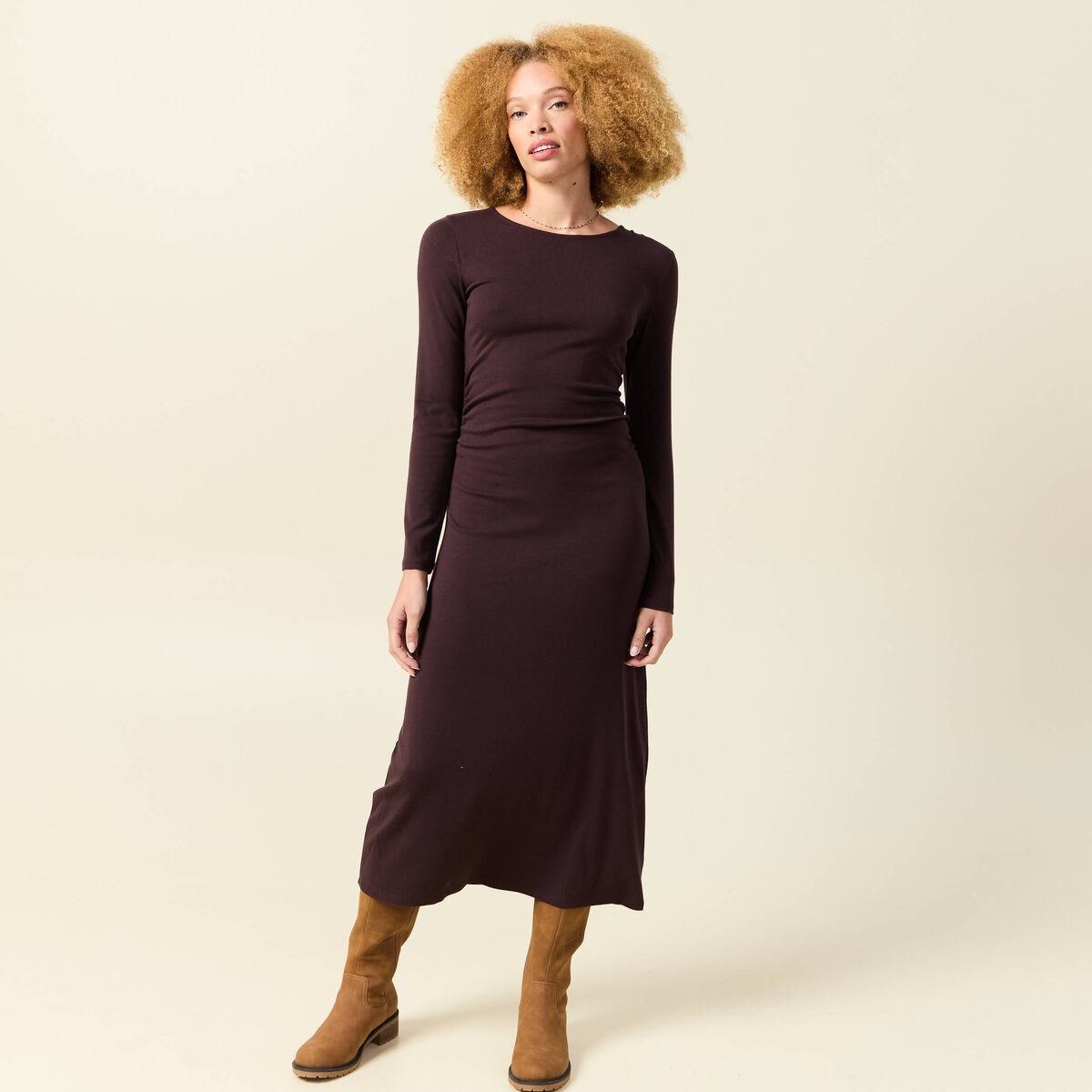 Robe manches longues en maille marron fonc&eacute; femme