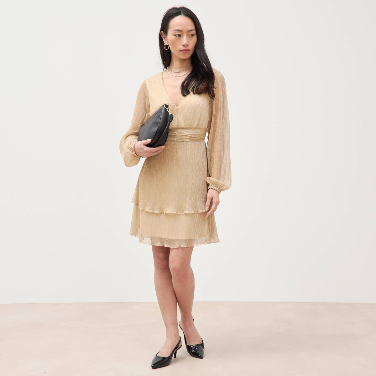 Robe manches longues doubl&eacute;e beige femme