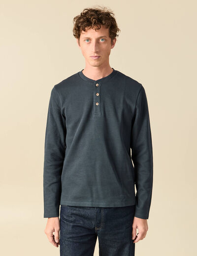 T-shirt cintr&eacute; en coton manches longues bleu gris homme
