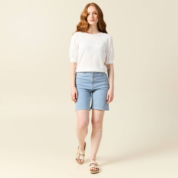 Pull manches courtes ajouré ecru femme