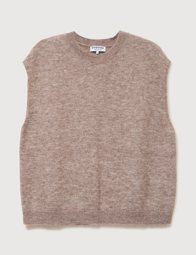 Pull droit court sans manches col rond marron clair femme