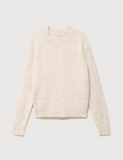 Pull droit col v manches longues creme femme