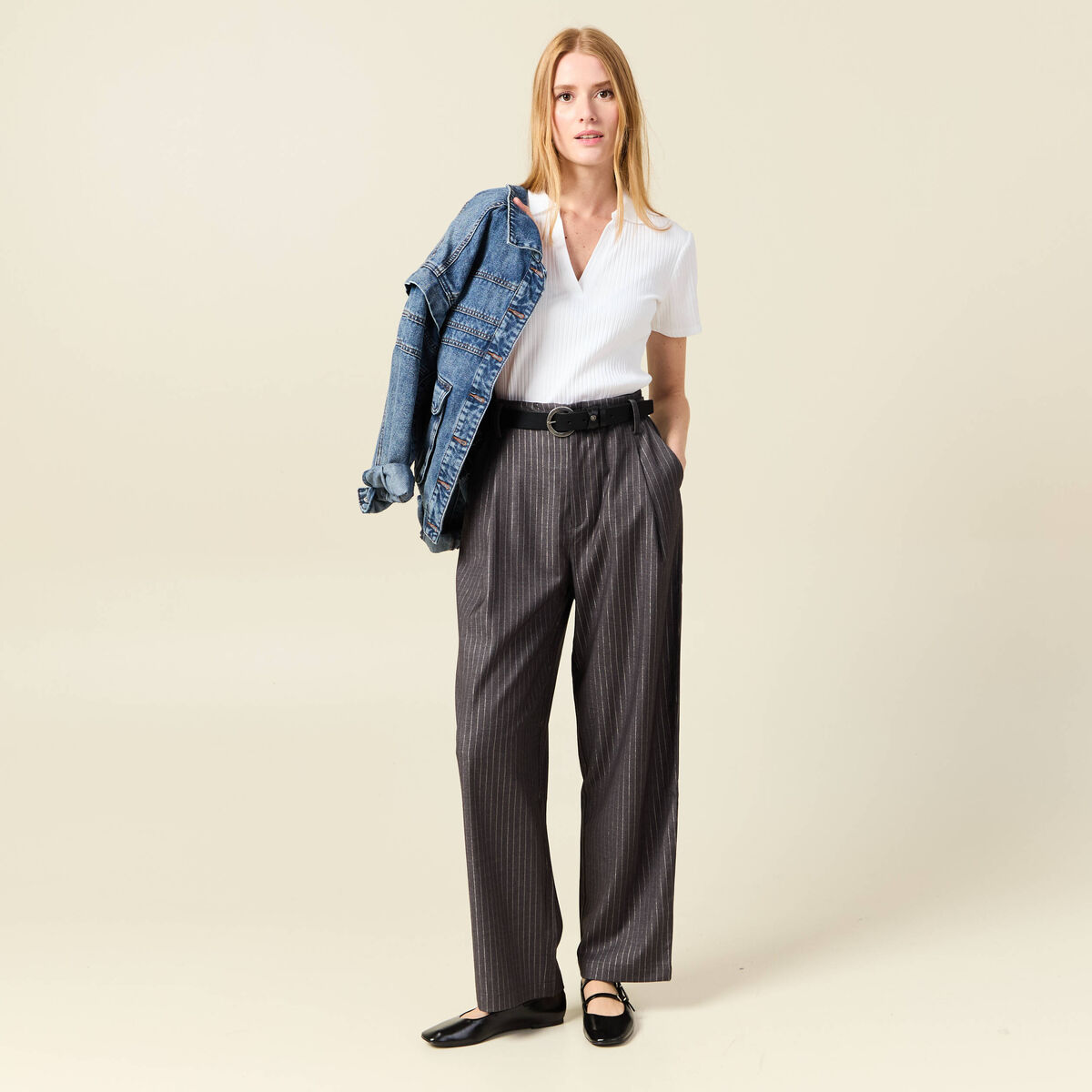 Pantalon large taille haute gris foncé femme