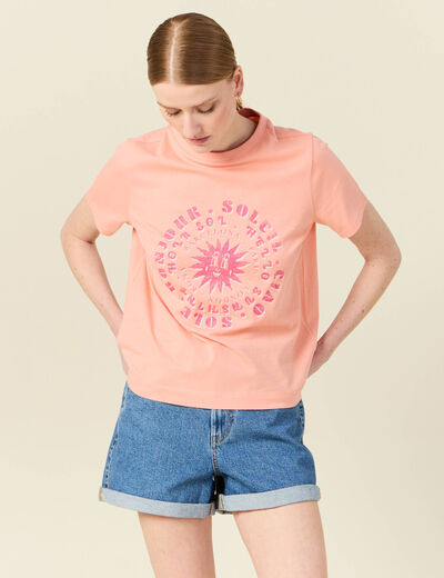 T-shirt en coton manches courtes rose corail femme