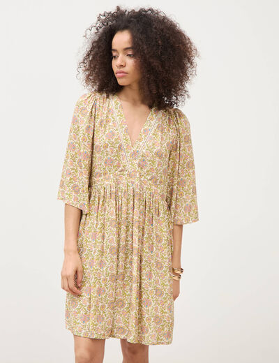 Robe fluide col v manches courtes vert femme