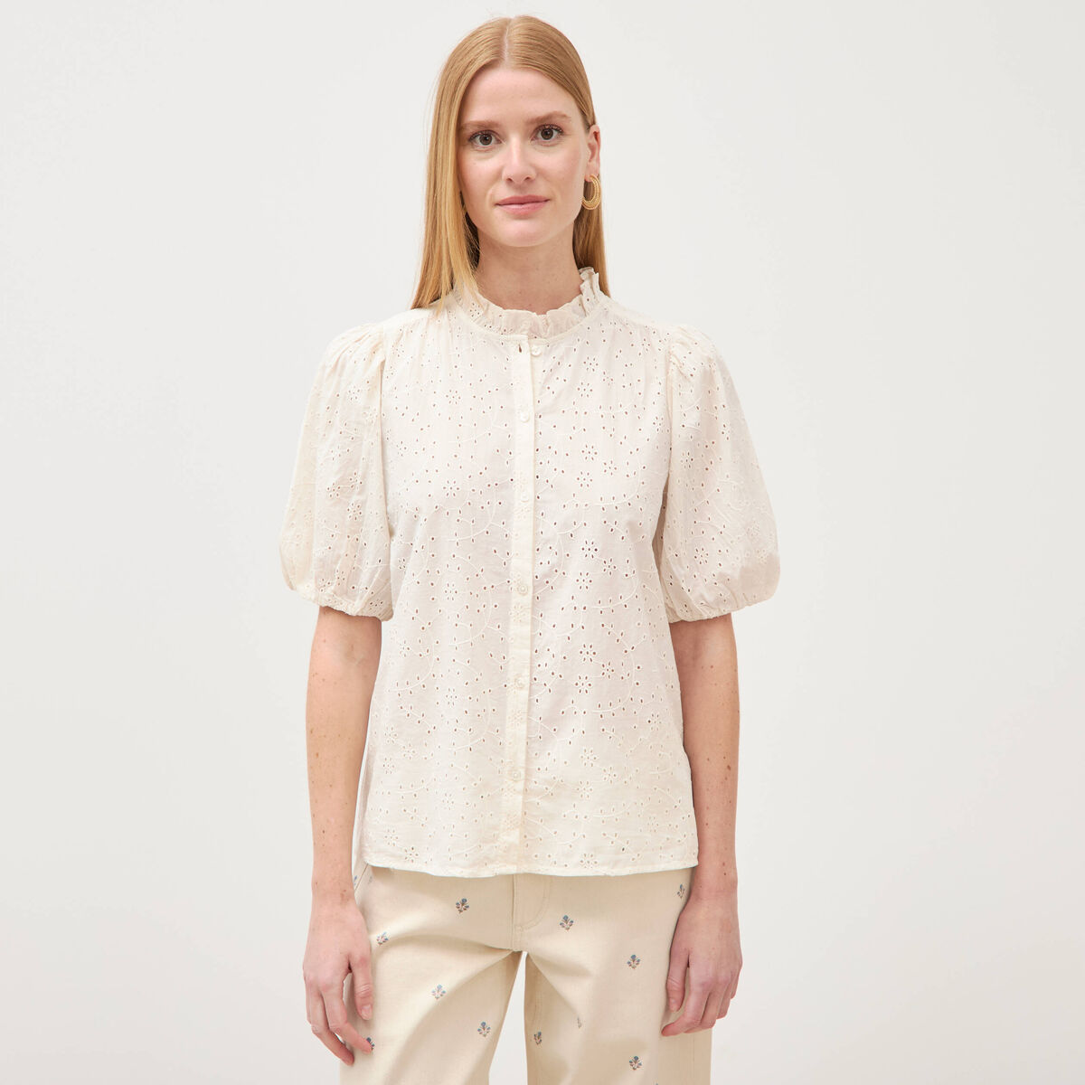 Chemise en coton manches coude creme femme
