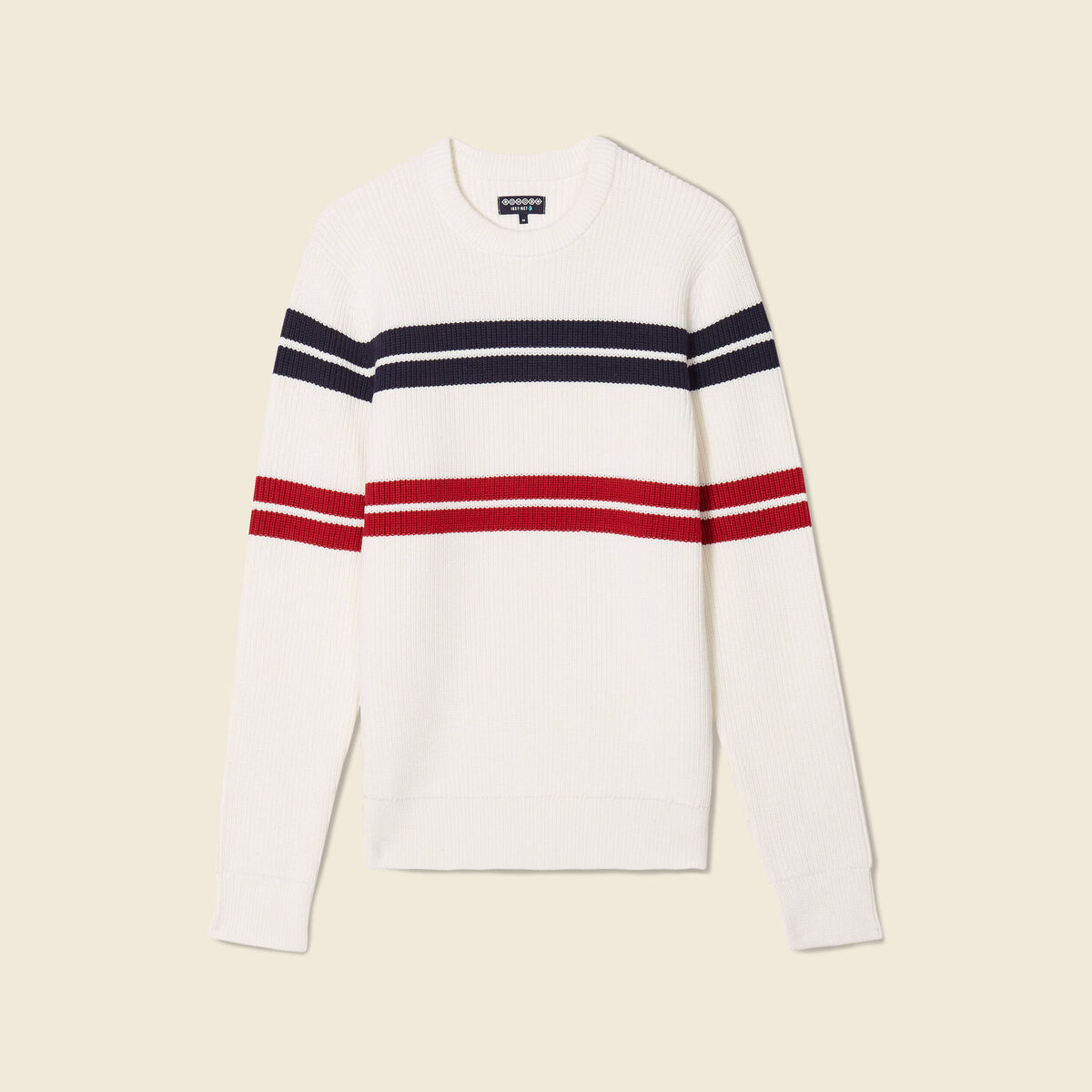 Pull fin ray&eacute; col rond manches longues ecru homme