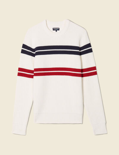 Pull fin ray&eacute; col rond manches longues ecru homme