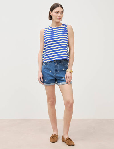 D&eacute;bardeur ray&eacute; col rond en coton bleu femme