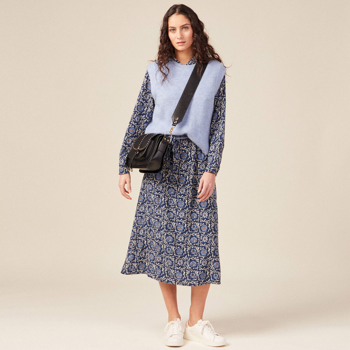 Robe longue droite manches longues bleu femme