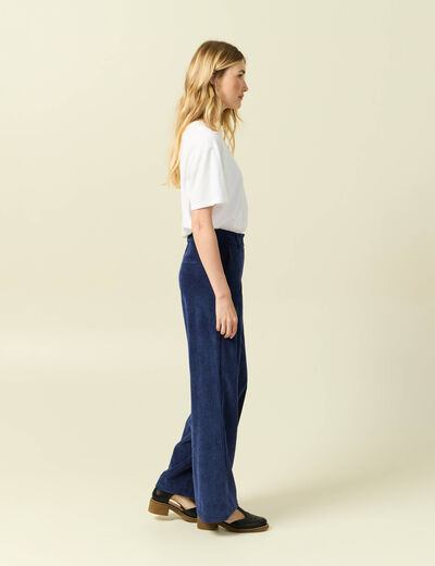 Pantalon large taille haute en velours bleu marine femme