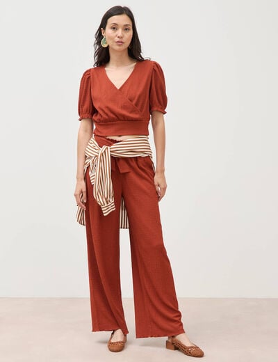 Blouse cropped manches courtes marron cognac femme