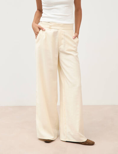 Pantalon large taille haute ceinture ivoire femme