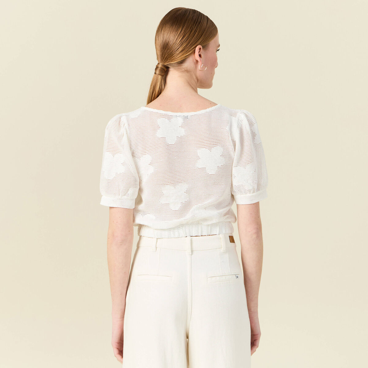 T-shirt manches courtes ajouré creme femme