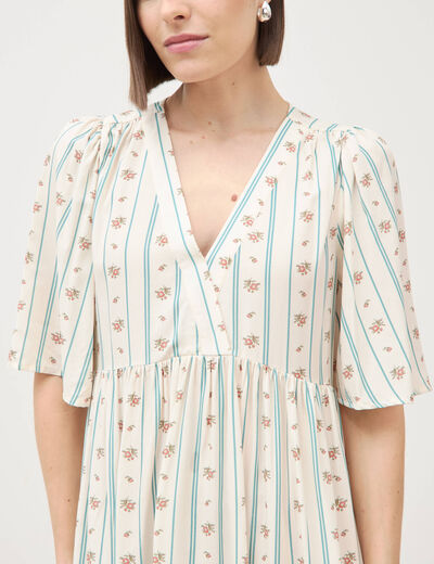 Robe fluide col v manches courtes bleu gris femme