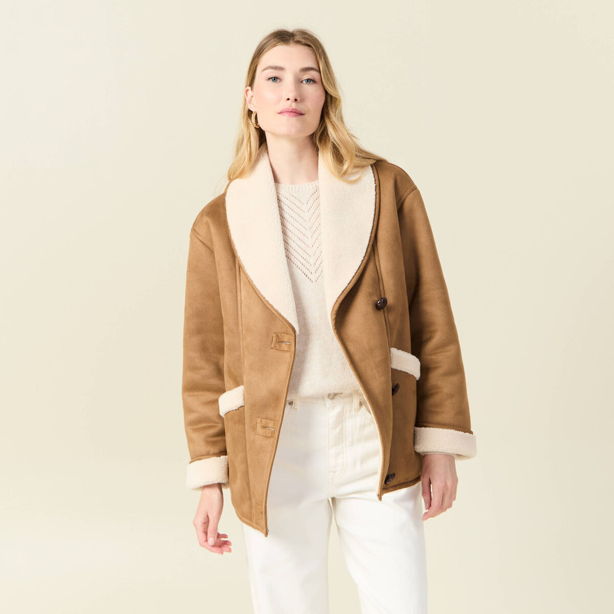 Manteau suédine col châle marron femme