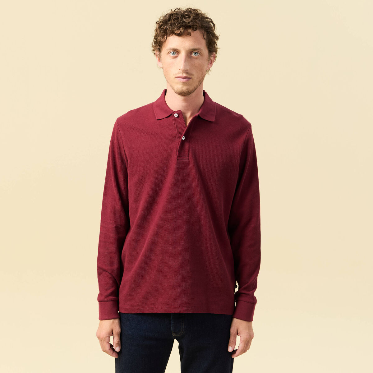 Polo manches longues en coton bordeaux homme