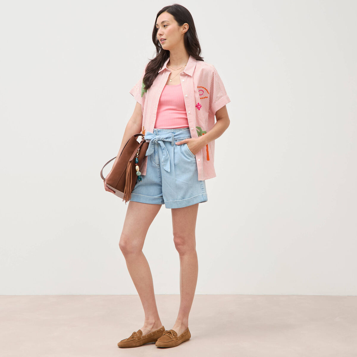 Chemise ample en coton &agrave; broderie orange abricot femme