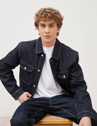 Veste droite en coton col classique denim brut rinse homme