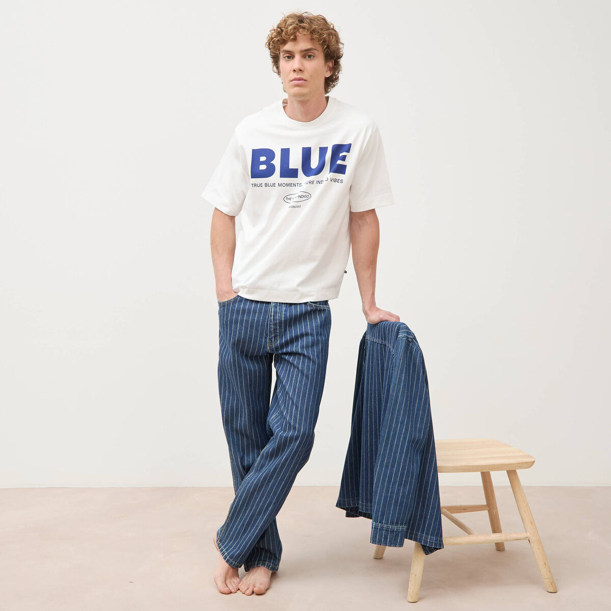 T-shirt print&eacute; en coton manches courtes ecru homme