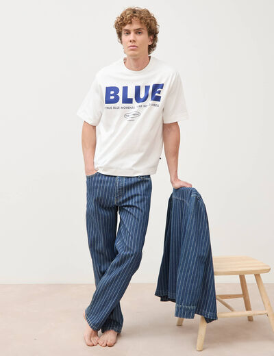 T-shirt print&eacute; en coton manches courtes ecru homme
