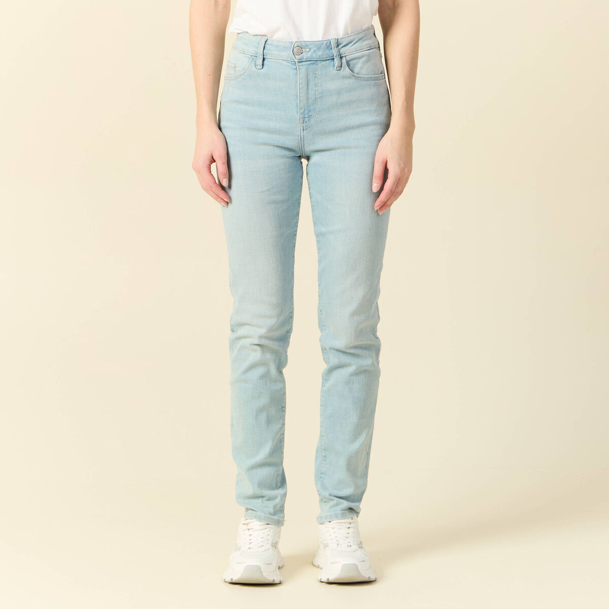 Jeans slim taille haute denim bleach femme
