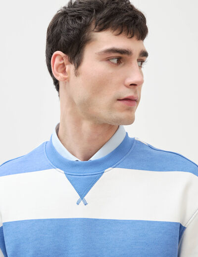 Sweat ray&eacute; col rond manches longues bleu violet homme