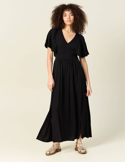 Robe longue évasée fluide noir femme