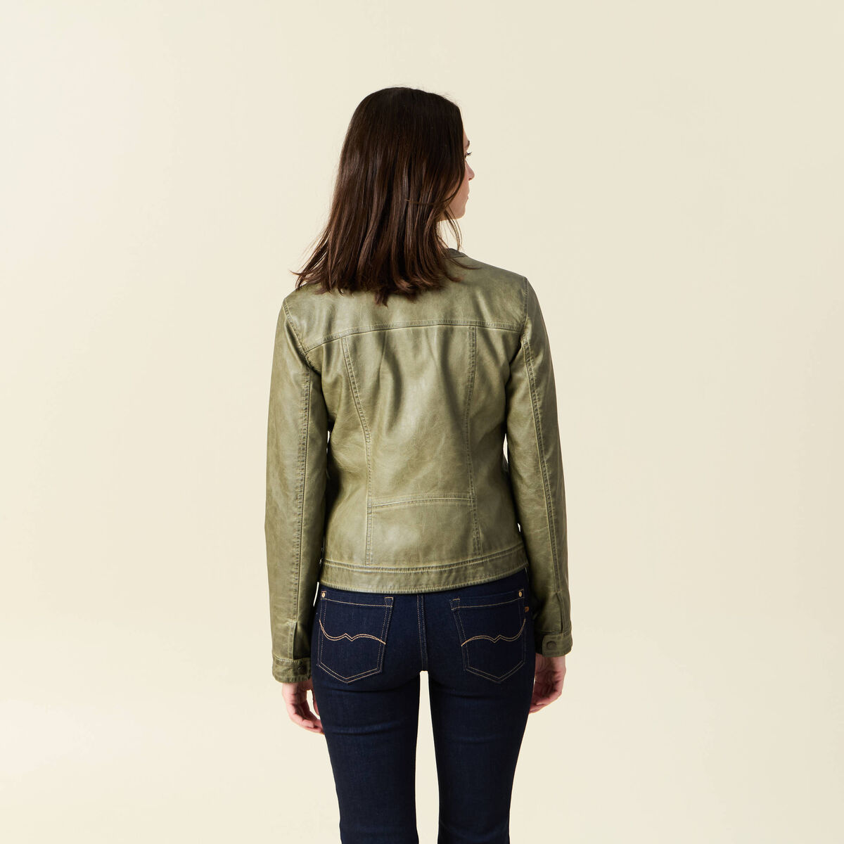 Blouson simili cuir vert kaki femme