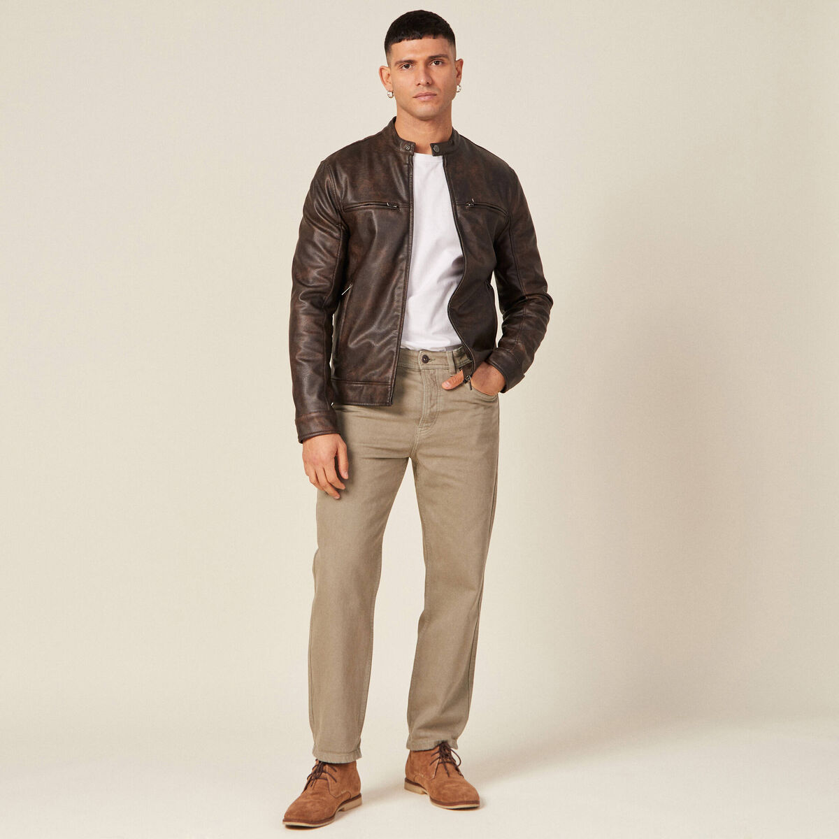 Blouson simili cuir vert kaki homme