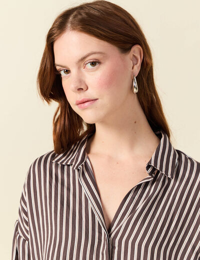 Chemise boyfriend courte manches longues marron fonc&eacute; femme