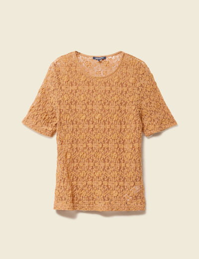 T-shirt cintr&eacute; col rond dentelle terracotta femme