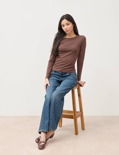 T-shirt cintr&eacute; manches longues col rond marron femme