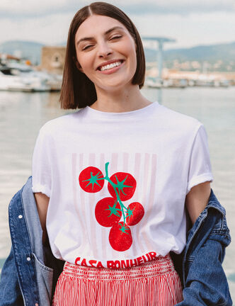 T-shirt &agrave; motif en coton manches courtes blanc femme