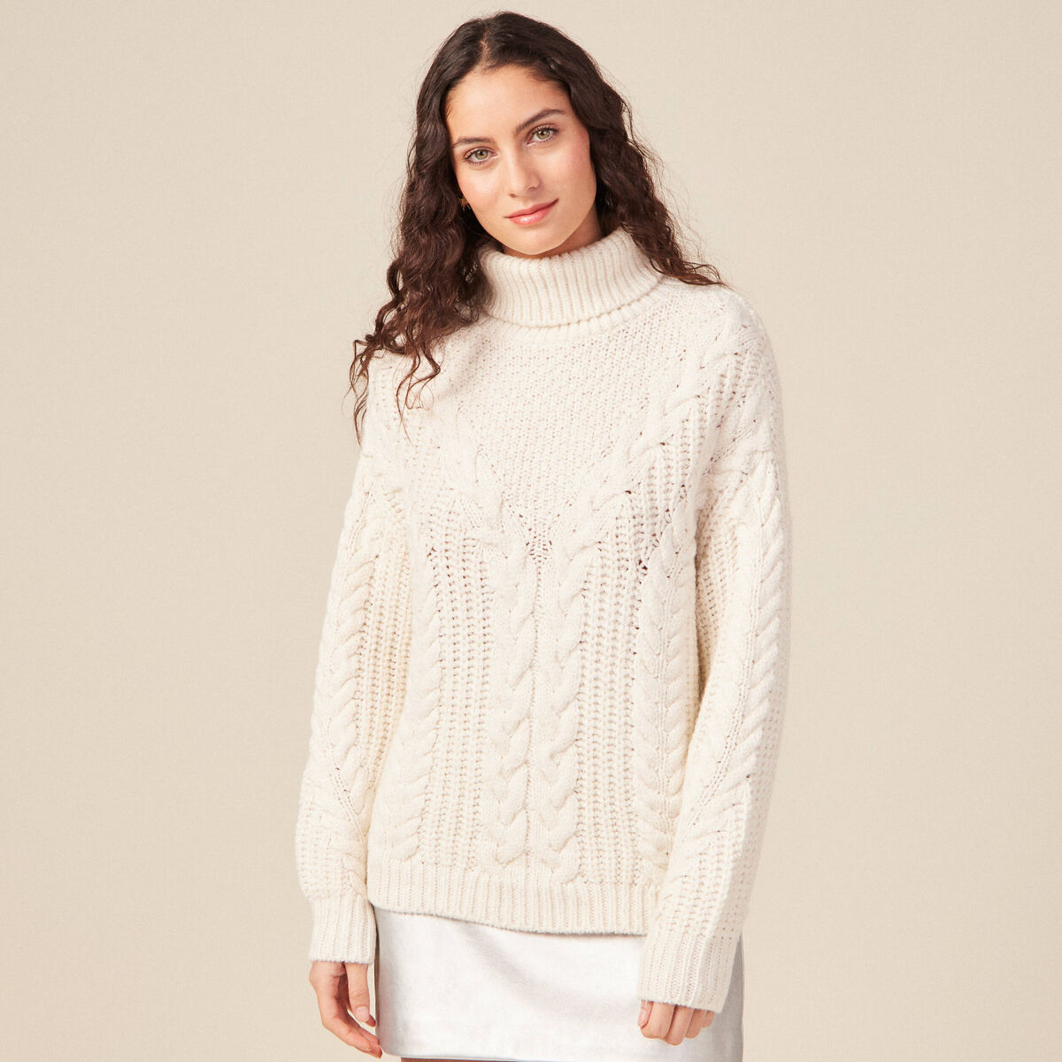 Pull manches longues col roulé ecru femme